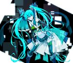  aqua_eyes aqua_hair belt boots detached_sleeves hatsune_miku highres long_hair midriff navel oversized_object ryouichi scissors short_shorts shorts solo stitches thighhighs twintails very_long_hair vocaloid 
