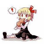  1girl ascot blonde_hair boned_meat chibi child dollar eating fangs food hair_ribbon meat red_eyes ribbon rumia shirt short_hair sitting skirt skirt_set slit_pupils solo touhou vest 