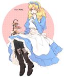  alice_(wonderland) alice_(wonderland)_(cosplay) alice_in_wonderland bad_id bad_pixiv_id blonde_hair blue_eyes cosplay crossdressing cup food full_frontal gundam gundam_unicorn long_hair male_focus otoko_no_ko pantyhose solo sweets tea teacup toujou_sakana 