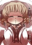  blonde_hair bow chestnut_mouth closed_eyes commentary_request dress drill_hair eyelashes food food_on_face frills gaoo_(frpjx283) hair_ribbon hat highres luna_child nattou ribbon saliva short_hair sleeves_past_wrists solo sweatdrop touhou 