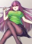  1girl :o alternate_costume black_legwear black_skirt breasts breasts_apart commentary_request elfenlied22 fate/grand_order fate_(series) green_shirt grey_background hair_between_eyes hair_ornament highres large_breasts long_hair lying on_back pantyhose purple_hair quick_shirt red_eyes scathach_(fate)_(all) scathach_skadi_(fate/grand_order) shirt skirt solo t-shirt 