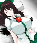  1girl black_wings breasts brown_hair eyes_closed female hair_ribbon han_(jackpot) huge_breasts long_hair lying reiuji_utsuho ribbon shirt sleeping solo touhou upper_body wings 