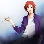  bad_id bad_pixiv_id bangs belt black_eyes bracelet earrings fate/zero fate_(series) jacket jewelry male_focus minami_akishou purple_jacket red_hair scalpel sitting smile solo uryuu_ryuunosuke 