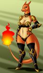  armor big_breasts big_thighs blue_eyes breasts charizard cleavage clothed clothing crovirus dragon female fire lipstick milf mother navel nintendo parent pok&#233;mon pok&#233;morph pok&eacute;mon pok&eacute;morph ruby_(crovirus) ruby_ignis scalie skimpy solo tail thick_thighs unconvincing_armor video_games wide_hips 