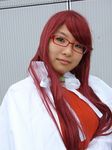  1girl aty belt cape cosplay dress glasses long_hair mitsuo_(model) photo red_hair redhead solo summon_night summon_night_3 