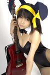  animal_ears asian bow bowtie bunny_ears bunny_girl cosplay costume fishnet_legwear fishnet_stockings fishnets guitar hair_ribbon hair_ribbons highres instrument legwear leotard matsunaga_ayaka photo real ribbon suzumiya_haruhi suzumiya_haruhi_no_yuuutsu thighhighs 