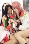  cosplay dress flower footwear highres himemiya_anthy himemiya_anthy_(cosplay) jewelry photo pink_hair purple_hair revolutionary_girl_utena ring rose roses rou rou_(cosplayer) saya saya_(cosplayer) shoujo_kakumei_utena socks tenjou_utena tenjou_utena_(cosplay) tiara uniform 