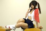  asian bra breasts cellphone cleavage cosplay footwear lingerie matsunaga_ayaka open_clothes open_shirt otonashi_meru phone photo pleated_skirt real sailor sailor_uniform sayonara_zetsubou_sensei school_uniform serafuku shirt skirt socks twintails underwear undressing 