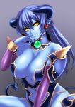  astaroth_(shinrabanshou) bad_id bad_pixiv_id bare_shoulders blue_hair blue_skin breasts cleavage demon_girl demon_tail earrings elbow_gloves gloves hand_on_own_face heart heart_earrings highres horns jewelry large_breasts long_hair looking_at_viewer navel pointy_ears risutan shinrabanshou simple_background smile solo tail yellow_eyes 