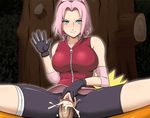  1girl bare_shoulders blonde_hair blush breasts circle_anco clitoris clothed_sex cum cum_in_pussy cum_inside ejaculation girl_on_top gloves green_eyes haruno_sakura headband highres kunoichi large_breasts leather leather_gloves looking_at_viewer lying naruto naughty_face ninja no_panties penis pink_hair pussy reverse_cowgirl_position sex short_hair sitting sitting_on_person smile spread_legs spread_pussy straddle straddling torn_clothes torn_shorts tree uncensored uzumaki_naruto vaginal 