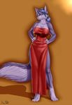  biceps big_breasts black_nose blue_eyes blue_hair breasts canine cleavage clothed clothing dress female fluffy_tail hair jen_(jindragowolf) jindragowolf long_hair looking_at_viewer mammal muscles muscular_female ponytail purple_hair smile solo standing tail wide_hips wolf 