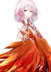  bare_shoulders breasts center_opening cleavage detached_sleeves fingerless_gloves gloves guilty_crown hair_ornament hairclip highres long_hair looking_at_viewer medium_breasts official_art pink_hair red_eyes redjuice simple_background solo twintails white white_background yuzuriha_inori 