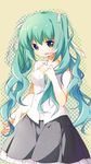  aqua_eyes aqua_hair bad_id bad_pixiv_id bare_shoulders blouse casual hair_ribbon halterneck hatsune_miku long_hair mouth_hold pf ribbon ribbon_in_mouth skirt smile solo twintails very_long_hair vocaloid 