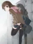  :&lt; arm_support bad_id bad_pixiv_id bag brown_eyes brown_hair cellphone cellphone_charm cellphone_strap checkered club_(shape) coat diamond_(shape) heart highres locker looking_back original phone putting_on_shoes scarf school_bag shintani_kyou shoe_locker skirt solo spade_(shape) standing standing_on_one_leg thighhighs zettai_ryouiki 