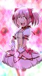  archery argyle argyle_background arrow bow_(weapon) bubble_skirt hair_ribbon kaname_madoka magical_girl mahou_shoujo_madoka_magica open_mouth pink_background pink_eyes pink_hair ribbon short_hair short_twintails skirt smile solo tomoyohi twintails weapon 