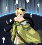  animal_ears bare_shoulders blonde_hair blue_eyes breasts cat_ears cleavage huge_breasts japanese_clothes kimono mimisuke_(mim'im) multiple_tails original short_hair solo standing tail two_tails 