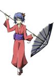  1girl blue_eyes blue_hair glasses hair_ornament hakamichi_shizune japanese_clothes katawa_shoujo kimono obi ollycrescent oriental_umbrella parasol sandals sash signature simple_background socks solo umbrella white_background 