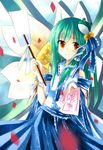  bad_id bad_pixiv_id blush detached_sleeves flower frog gohei green_hair hair_ornament hair_tubes highres kochiya_sanae long_hair ofuda rattle skirt smile snake solo touhou yellow_eyes 