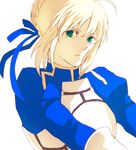  ahoge armor artoria_pendragon_(all) bad_id bad_pixiv_id blonde_hair dress expressionless fate/stay_night fate_(series) green_eyes hair_ribbon puffy_sleeves ribbon saber simple_background solo sukumaraku white_background 