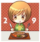  :q broccoli brown_eyes brown_hair carrot commentary food fork hiyopuko jacket knife meat persona persona_4 plate satonaka_chie short_hair simple_background solo steak tongue tongue_out track_jacket turnip vegetable 