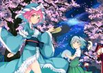  bad_id bad_pixiv_id cherry_blossoms chorin fan folding_fan hat japanese_clothes katana kimono konpaku_youmu konpaku_youmu_(ghost) lantern multiple_girls petals pink_hair saigyouji_yuyuko short_hair silver_hair sword touhou triangular_headpiece weapon 