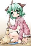  akou_roushi alternate_costume animal_ears blush broom dustpan full_body green_eyes green_hair kasodani_kyouko leaf long_sleeves ribbed_sweater sandals short_hair skirt smile solo sweater sweeping tail touhou 