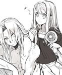  1boy 1girl blonde_hair couple edward_elric female fullmetal_alchemist hair_dryer male mitsu_yomogi monochrome music smile towel wet winry_rockbell 