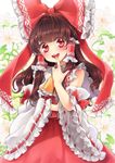  ascot bare_shoulders blush bow brown_hair detached_sleeves embellished_costume finger_to_mouth floral_background frilled_sleeves frills hair_bow hair_tubes hakurei_reimu highres index_finger_raised long_hair looking_at_viewer midriff namisaki_yuka open_mouth red_eyes red_ribbon ribbon shirt skirt skirt_set smile solo teeth touhou wide_sleeves 