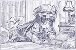  bed bespectacled book crescent dress glasses hat long_hair lying monochrome patchouli_knowledge sakino_shingetsu solo touhou 
