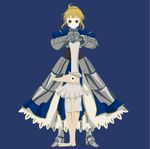  ahoge armor armored_dress artoria_pendragon_(all) blonde_hair blue cane crossover dress excalibur excalibur_(soul_eater) fate/stay_night fate_(series) faulds flat_color gauntlets green_eyes hair_ribbon hands_on_hilt hat mos_194 namesake no_lineart parody ribbon saber simple_background soul_eater top_hat 