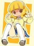  blonde_hair blush cardigan double_v embarrassed full_body hairband highres kise_yayoi kneehighs loafers nanairogaoka_middle_school_uniform panties pantyshot pantyshot_(sitting) poshan precure school_uniform shoes short_hair sitting smile_precure! solo underwear v white_hairband white_legwear yellow yellow_background yellow_eyes 