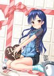  apron blender blue_hair blush brown_eyes chocolate chocolate_heart cutoffs denim denim_shorts english heart idolmaster idolmaster_(classic) kisaragi_chihaya long_hair looking_at_viewer ribbon shorts sitting socks solo striped striped_legwear takasaka_donten valentine wariza 