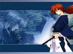  blue_eyes fighting_stance himura_kenshin japanese_clothes katana long_hair looking_at_viewer male male_focus multiple_views red_hair rurouni_kenshin scar sword tree wallpaper water waterfall weapon 