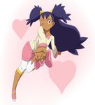  big_hair blush bow brown_eyes capri_pants dark_skin fingernails full_body hair_tie heart iris_(pokemon) long_hair one_eye_closed outstretched_arm pants pokemon pokemon_(game) pokemon_bw purple_hair ribonzu shoes simple_background solo two_side_up 