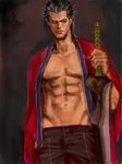  arisue_kanako auron black_hair dark_skin dark_skinned_male facial_hair final_fantasy final_fantasy_x male_focus muscle open_clothes open_shirt pants scar serious shirt solo sword weapon younger 