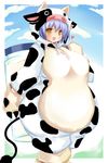  1girl animal_costume blue_hair breasts cow_costume female heart hearts highres hotaru-mia milk open_mouth original outdoors solo walking yellow_eyes 