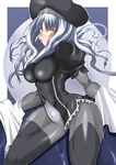  breasts caren_hortensia covered_nipples dress fate/hollow_ataraxia fate_(series) hat impossible_clothes ken_nave large_breasts layered_sleeves leotard lips long_hair muscle pantyhose puffy_sleeves silver_hair slit_pupils solo thick_thighs thighband_pantyhose thighs white_hair yellow_eyes 