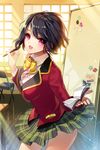  bad_id bad_pixiv_id black_hair blazer book bow bowtie breasts chair cherrypin heart holding jacket looking_at_viewer lowres medium_breasts open_book open_mouth pen pencil photo_(object) plaid plaid_skirt purple_eyes school_uniform short_hair skirt smile solo star sword_girls 