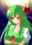  &gt;:) absurdres arm_grab blush breast_hold breasts cleavage collarbone ex-keine glowing glowing_eyes highres horns kamishirasawa_keine large_breasts long_hair looking_at_viewer moon night ototachibana_rai outdoors red_eyes shirt sky smile solo taut_clothes taut_shirt touhou upper_body v-shaped_eyebrows very_long_hair 