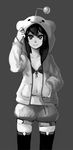  antennae bikini_top flat_chest greyscale hand_in_pocket hood hoodie monochrome navel open_clothes open_hoodie pas_(paxiti) personification reddit reddit-tan short_hair shorts solo thighhighs 