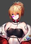  bandaid bandaid_on_face bandeau bangs bare_shoulders belt blonde_hair blue_eyes breasts chain_necklace collar covered_nipples cross erect_nipples fate/grand_order fate_(series) grin hair_between_eyes hair_ornament hair_scrunchie highres jacket looking_at_viewer medium_hair mordred_(fate) mordred_(fate)_(all) off_shoulder open_clothes open_jacket orange_hair ponytail rahato red_scrunchie scrunchie small_breasts smile smirk solo sticker upper_body 