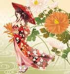  asa_no_ha_(pattern) bad_id bad_pixiv_id bare_shoulders between_breasts breasts brown_hair chrysanthemum covering covering_breasts floral_print flower hair_ornament hands_on_own_chest hexagon highres japanese_clothes kimono large_breasts leaf momoi_komomo obi off_shoulder oriental_umbrella original patterned purple_eyes sandals sash smile solo tabi umbrella wavy_hair white_legwear wide_sleeves 