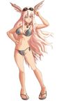  animal_ears bikini bird_tail blue_eyes breasts choker cyzir_visheen flip-flops goggles goggles_on_head hand_on_hip hanna-justina_marseille head_wings highres iron_cross large_breasts long_hair pink_hair salute sandals shiny shiny_skin side-tie_bikini solo strap_gap strike_witches striped striped_bikini swimsuit tail toned underboob wings world_witches_series 