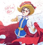  androgynous brown_hair cape crossdressing hat pantyhose princess_sapphire puffy_sleeves red_eyes redrop reverse_trap ribbon_no_kishi short_hair smile solo sword weapon 