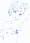  arm_up armpits asymmetrical_bangs bangs breasts covering covering_breasts errant fin_e_ld_si_laffinty flower hair_flower hair_ornament medium_breasts monochrome nude rinne_no_lagrange short_hair solo 
