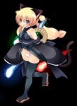  animal_ears bare_shoulders black_background black_legwear blonde_hair blue_eyes breasts cat_ears cat_tail clogs feet ghost green_eyes heterochromia hitodama japanese_clothes kimono legs long_hair maebari mimisuke_(mim'im) no_panties open_clothes open_mouth original pasties ponytail sandals sicx_lives simple_background small_breasts solo tail thighhighs walking 