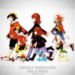  2girls 4boys alternate_costume chikorita copyright_name crystal_(pokemon) cyndaquil dated dual_persona gen_2_pokemon ginkun gold_(pokemon) highres kotone_(pokemon) multiple_boys multiple_girls pokemon pokemon_(creature) pokemon_(game) pokemon_gsc pokemon_hgss silver_(pokemon) totodile twintails 