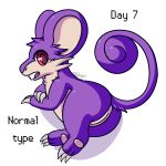 2018 butt digital_media_(artwork) female feral fur looking_at_viewer looking_back mammal nintendo nude nulloffset open_mouth pok&eacute;mon pok&eacute;mon_(species) presenting presenting_hindquarters purple_fur pussy rattata red_eyes rodent simple_background solo teeth text tongue video_games white_background 