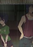  1girl ano_natsu_de_matteru bare_shoulders bench black_eyes blue_eyes blue_hair collarbone glasses hand_on_hip ishigaki_tetsurou mizuki_makoto rain short_hair skirt standing tanigawa_kanna tank_top umbrella v_arms wristband 