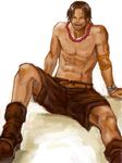  arisue_kanako belt black_hair closed_eyes freckles jewelry laughing long_hair male_focus muscle necklace one_piece portgas_d_ace shirtless shoes shorts smile solo tattoo watch 